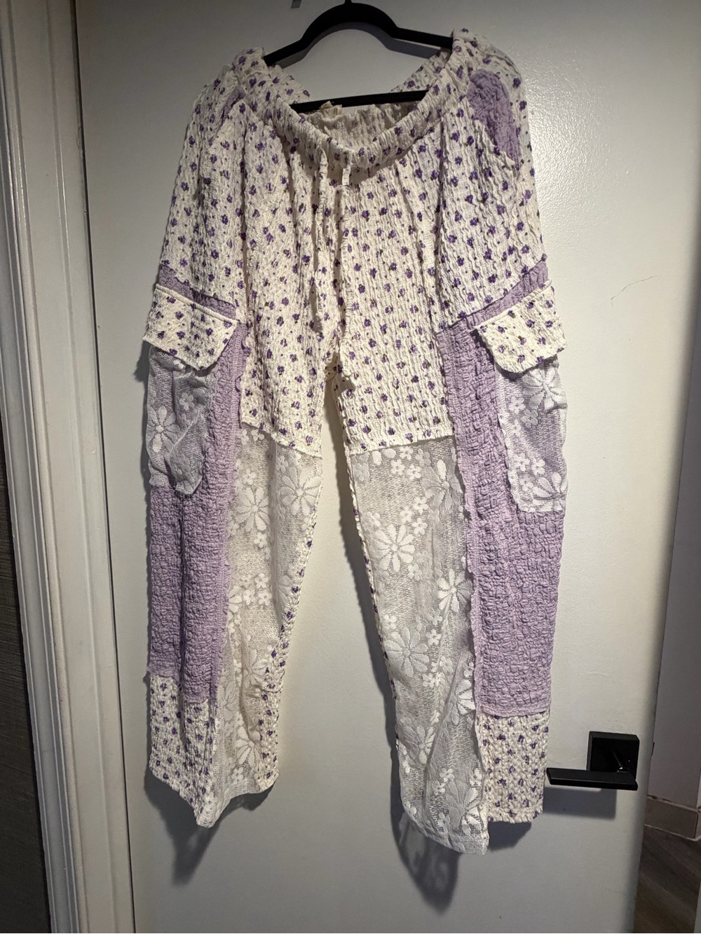 POL Cream & Lavender Patchwork Wide-Leg Pants